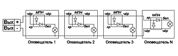 Схема подключения нескольких нормально-выключенных сирен или световых табло к выходам блока